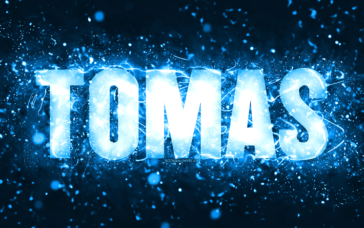 お誕生日おめでとうトーマス, 4k, 青いネオンライト, トーマスの名前, クリエイティブ, トーマスお誕生日おめでとう, トーマスの誕生日, 人気のあるアメリカ人男性の名前, トーマスの名前の写真, トーマス