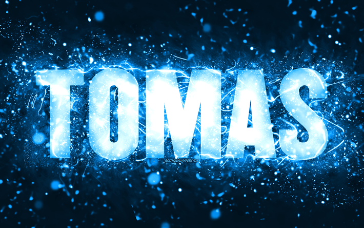 feliz cumplea&#241;os tomas, 4k, luces de ne&#243;n azules, tomas nombre, creativo, tomas feliz cumplea&#241;os, tomas cumplea&#241;os, nombres masculinos estadounidenses populares, imagen con tomas nombre, tomas