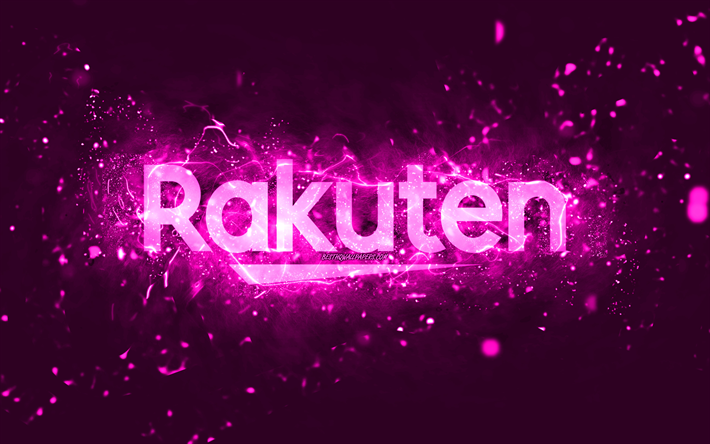 شعار rakuten الأرجواني, 4k, أضواء النيون الأرجواني, خلاق, الأرجواني الملخص الخلفية, شعار rakuten, العلامات التجارية, راكوتين