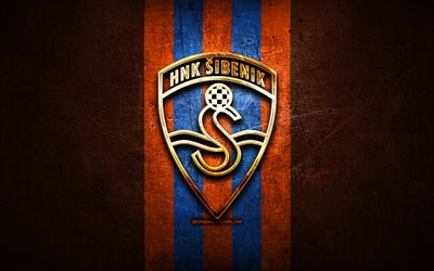sibenik fc, logo dorato, hnl, sfondo in metallo arancione, calcio, squadra di calcio croata, logo hnk sibenik, hnk sibenik