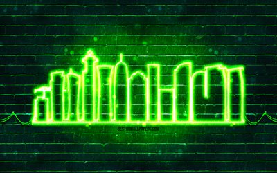 doha vert n&#233;on silhouette, 4k, des n&#233;ons verts, doha skyline silhouette, green brickwall, qatari villes, n&#233;on skyline silhouettes, qatar, doha silhouette, doha