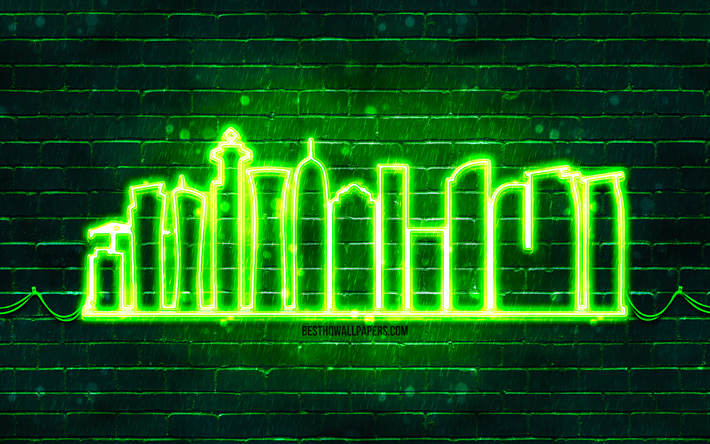 Doha green neon silhouette, 4k, green neon lights, Doha skyline silhouette, green brickwall, qatari cities, neon skyline silhouettes, Qatar, Doha silhouette, Doha