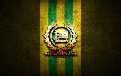 rahmatgonj mfs, logo dorato, bangladesh premier league, sfondo di metallo giallo, calcio, squadra di calcio del bangladesh, logo rahmatgonj mfs, rahmatgonj muslim friends society