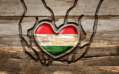 amo il tagikistan, 4k, mani intagliate in legno, giorno del tagikistan, bandiera del tagikistan, abbi cura del tagikistan, creativo, bandiera del tagikistan in mano, intaglio del legno, paesi asiatici, tagikistan