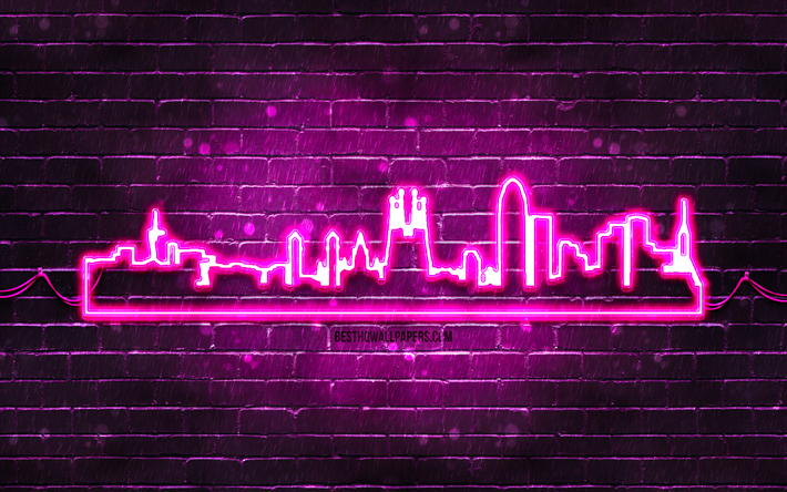 silhouette de n&#233;on violet de barcelone, 4k, n&#233;ons violets, silhouette d horizon de barcelone, mur de briques violet, villes espagnoles, silhouettes d horizon de n&#233;on, espagne, silhouette de barcelone, barcelone