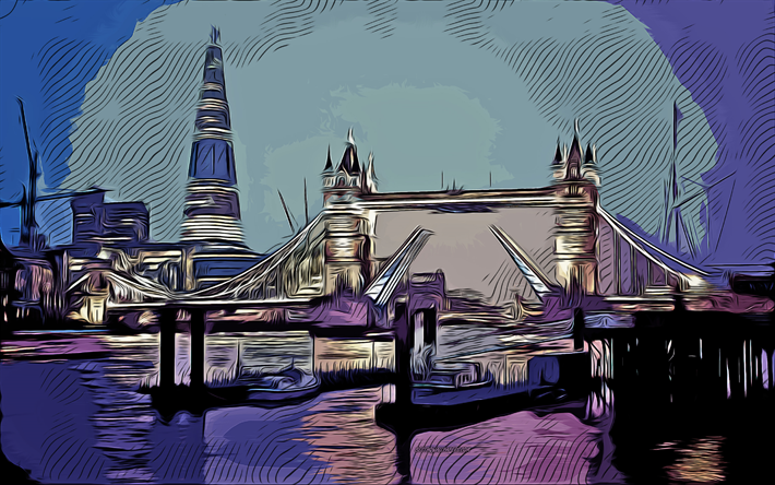 جسر البرج, لندن, 4k, ناقلات الفن, رسم جسر البرج, فن إبداعي, فن جسر البرج, ناقلات الرسم, مجردة cityscape, إنكلترا, لندن سيتي سكيب
