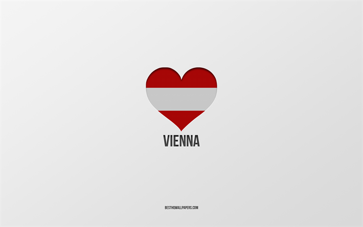 j aime vienne, villes autrichiennes, jour de vienne, fond gris, vienne, autriche, coeur de drapeau autrichien, villes pr&#233;f&#233;r&#233;es, aime vienne