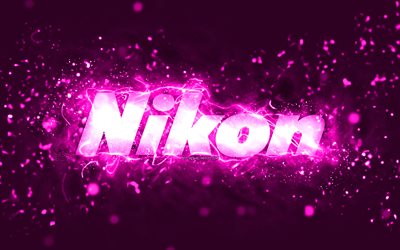 nikon mor logo, 4k, mor neon ışıklar, yaratıcı, mor soyut arka plan, nikon logosu, markalar, nikon