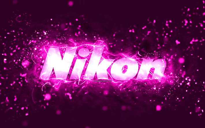 logotipo p&#250;rpura de nikon, 4k, luces de ne&#243;n p&#250;rpura, creativo, fondo abstracto p&#250;rpura, logotipo de nikon, marcas, nikon
