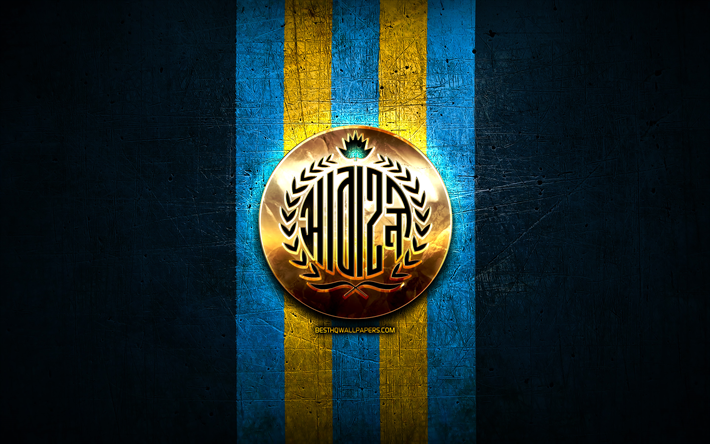 Abahani Limited FC, golden logo, Bangladesh Premier League, blue metal background, football, bangladeshi football club, Abahani Limited logo, soccer, Abahani Limited