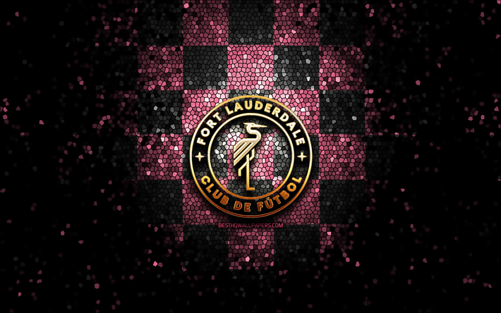 Fort Lauderdale FC, glitter logo, USL League One, pink black checkered background, soccer, american football club, Fort Lauderdale CF logo, mosaic art, football, Fort Lauderdale CF