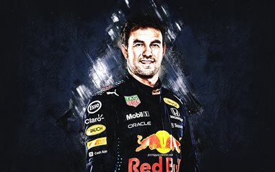 Sergio Perez, Formula 1, Red Bull Racing, F1, portrait, Mexican racing driver, Perez Red Bull Racing, blue stone background, grunge art, 2022, Red Bull