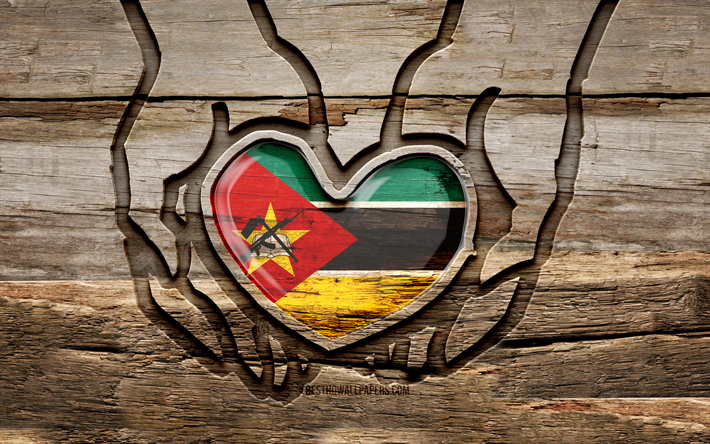 I love Mozambique, 4K, wooden carving hands, Day of Mozambique, Mozambican flag, Flag of Mozambique, Take care Mozambique, creative, Mozambique flag, Mozambique flag in hand, wood carving, african countries, Mozambique