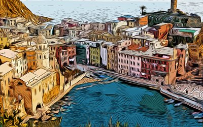 Vernazza, 4k, vector art, Vernazza drawing, creative art, Vernazza art, vector drawing, Vernazza panorama, Vernazza cityscape, Italy