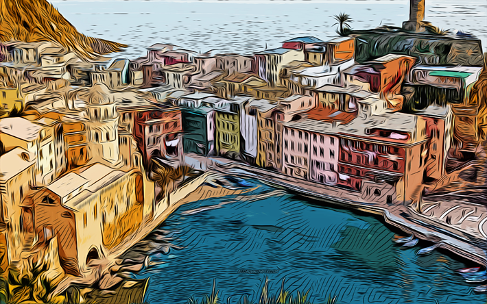 vernazza, 4k, arte vectorial, dibujo de vernazza, arte creativo, arte de vernazza, dibujo vectorial, panorama de vernazza, paisaje urbano de vernazza, italia