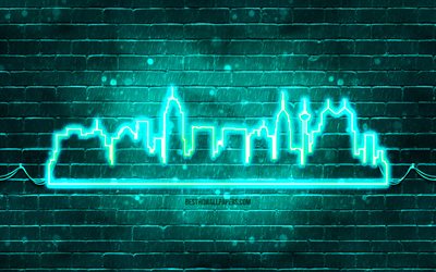 San Antonio turquoise neon silhouette, 4k, turquoise neon lights, San Antonio skyline silhouette, turquoise brickwall, american cities, neon skyline silhouettes, USA, San Antonio silhouette, San Antonio