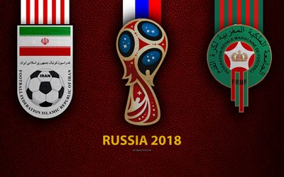 Iran vs Morocco, 4k, match opening, football, logos, 2018 FIFA World Cup, Russia 2018, burgundy leather texture, Russia 2018 logo, cup, Iran, Morocco, national teams, football match