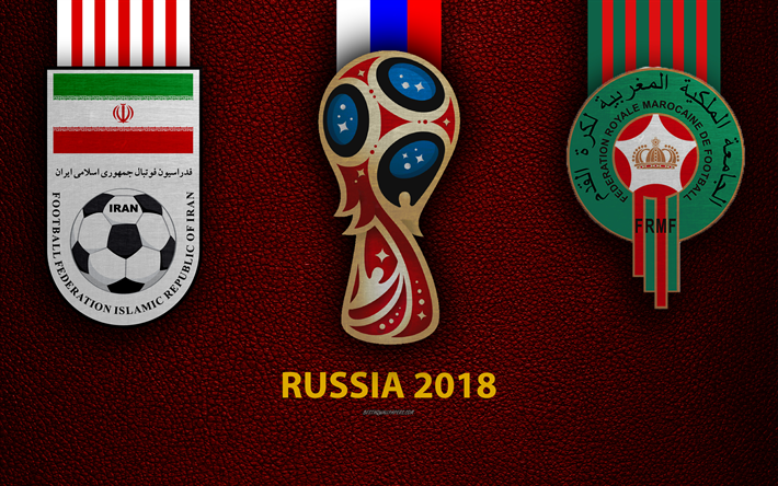 iran vs marokko, 4k, match-er&#246;ffnung, fu&#223;ball, logos, 2018 fifa world cup russia 2018, weinrotem leder-textur, russland 2018-logo, tasse, iran, marokko, national-teams, fu&#223;ball-l&#228;nderspiel