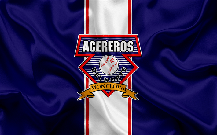 Acereros de Monclova, 4K, Mexican baseball club, logo, silk texture, LMB, emblem, blue flag, Mexican Baseball League, Triple-A Minor League, Monclova, Mexico
