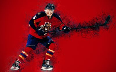 Aleksander Barkov, 4k, Finnish hockey player, Florida Panthers, creative art, splashes, paint art, red background, grunge style, NHL, USA, hockey, Alex Barkov Jr