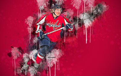 Nicklas Bäckström, 4k, Svenska hockey spelare, Washington Capitals, kreativ konst, stänk, måla konst, röd bakgrund, grunge stil, NHL, USA, hockey