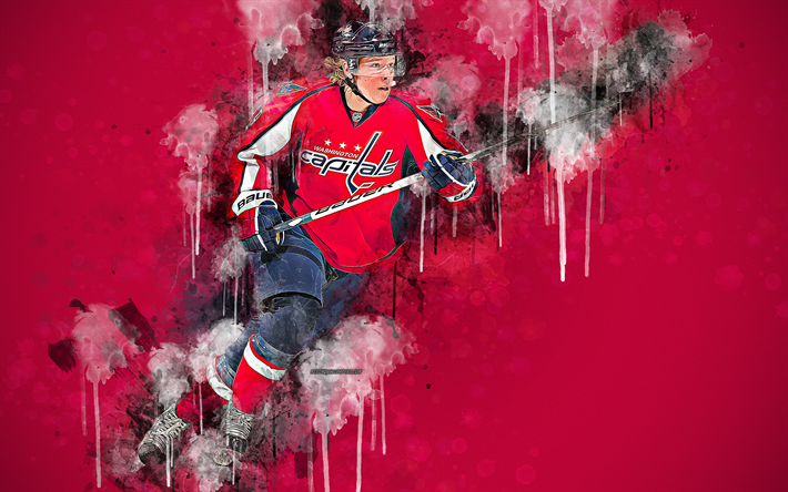 Nicklas Backstrom, 4k, sueco, jugador de hockey, Washington Capitals, arte creativo, las salpicaduras de pintura de arte, fondo rojo, estilo grunge, NHL, estados UNIDOS, hockey