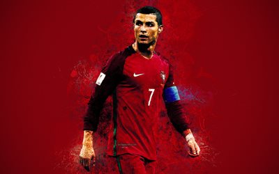 Cristiano Ronaldo, 4k, creative art, Portuguese football player, Portugal national football team, grunge style, red background, paint art