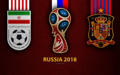 Iran vs Spain, 4k, Group B, football, logos, 2018 FIFA World Cup, Russia 2018, burgundy leather texture, Russia 2018 logo, cup, Iran, Spain, national teams, football match