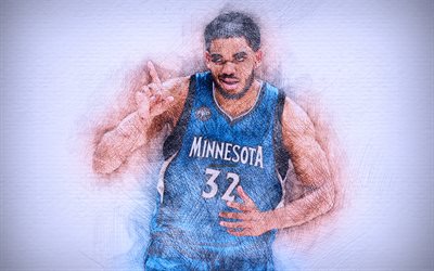 4k, Karl-Anthony Towns, jugadores de baloncesto, obra de arte, de los Timberwolves de Minnesota, de la NBA, el baloncesto, el dibujo Karl-Anthony Towns