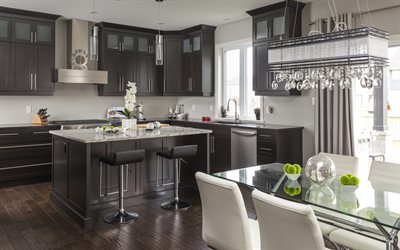 modern kitchen interior, stylish interior, glass table, crystal chandelier, modern design, gray kitchen