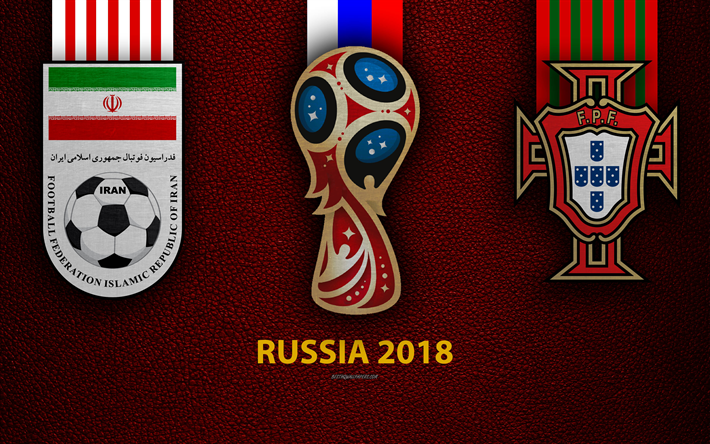 إيران vs البرتغال, 4k, المجموعة B, كرة القدم, الشعارات, لكأس العالم لكرة القدم 2018, روسيا 2018, بورجوندي جلدية الملمس, شعار روسيا 2018, كأس, إيران, البرتغال, المنتخبات الوطنية, مباراة لكرة القدم
