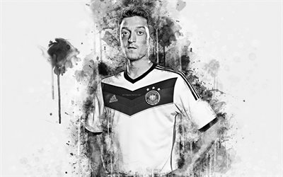 mesut ozil, 4k, germany national football team, kreative kunst -, deutsch-football-spieler, spritzer von farbe, monochrom portrait, malen, kunst, grunge