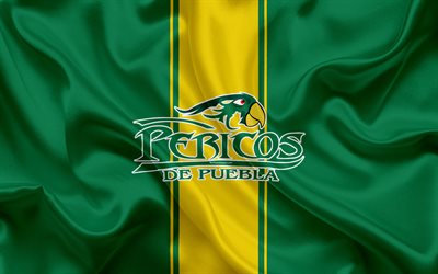 Pericos de Puebla, 4K, Meksika beyzbol kul&#252;b&#252;, logo, ipek doku, LMB, amblemi, yeşil, sarı bayrak, Meksika Beyzbol Ligi, &#220;&#231; K&#252;&#231;&#252;k Bir Ligi, Puebla, Meksika
