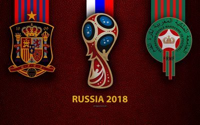 Espa&#241;a vs Marruecos, 4k, Grupo B, de f&#250;tbol, logotipos, 2018 Copa Mundial de la FIFA Rusia 2018, borgo&#241;a textura de cuero, Rusia 2018 logotipo de la copa, Espa&#241;a, Marruecos, los equipos nacionales, partido de f&#250;tbol