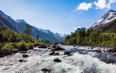 Olden, mountain river, mountains, forest, summer, blue sky, mountain landscape, Norway