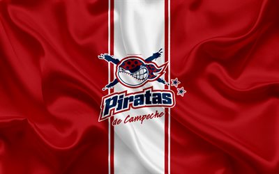 Piratas de Campeche, 4K, Mexican baseball club, logo, silk texture, LMB, emblem, red white flag, Mexican Baseball League, Triple-A Minor League, San Francisco de Campeche, Mexico