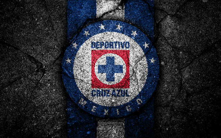 4k, Cruz Azul FC, logotyp, Liga MX, fotboll, Primera Division, svart sten, Mexiko, Blue Cross, asfalt konsistens, football club, FC Cruz Azul