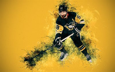 Kris Letang, 4k, Canadian hockey player, Pittsburgh Penguins, creative art, splashes, paint art, yellow grunge background, grunge style, NHL, USA, hockey