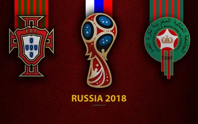 Portugal vs Marruecos, 4k, Grupo B, de f&#250;tbol, logotipos, 2018 Copa Mundial de la FIFA Rusia 2018, borgo&#241;a textura de cuero, Rusia 2018 logotipo, taza, Portugal, Marruecos, los equipos nacionales, partido de f&#250;tbol