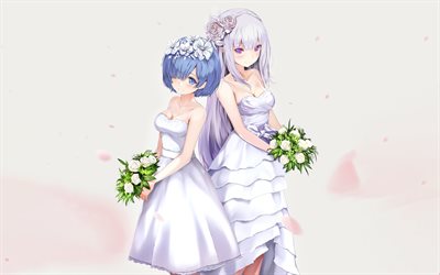 Emilia, Rem, casamento, vestido branco, Re Zero, manga
