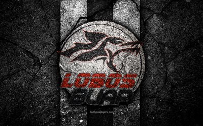 4k, Lobos BUAP FC, logo, Liga MX, football, soccer, Primera Division, black stone, Mexico, Lobos BUAP, asphalt texture, football club, FC Lobos BUAP