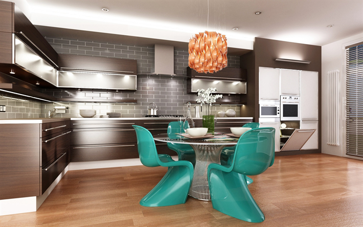 お洒落な内装キッチン, モダンなデザイン, 創造緑色の椅子, 茶褐色のお洒落な家具, キッチン, プロジェクト