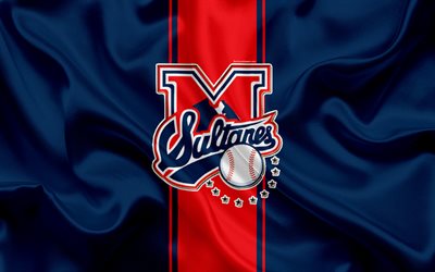 Sultanes de Monterrey, 4K, Meksika beyzbol kul&#252;b&#252;, logo, ipek doku, LMB, amblemi, mavi kırmızı bayrak, Meksika Beyzbol Ligi, &#220;&#231; K&#252;&#231;&#252;k Bir Ligi, Monterrey, Meksika