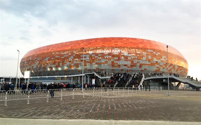 Mordovia Arena, 4k, orange-white glass facade, side view, modern architecture, Russian football stadium, 2018 FIFA World Cup, Russia 2018, modern sports arena, football, Saransk, Mordovia, Russia