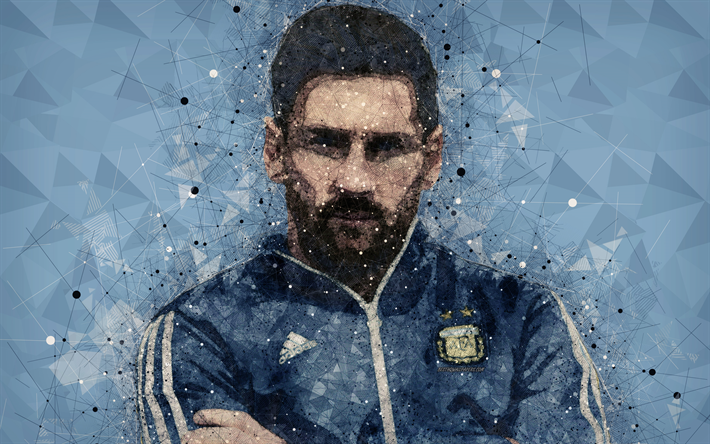 Lionel Messi, 4k, Argentina equipa nacional de futebol, arte criativa retrato, arte geom&#233;trica, Jogador de futebol argentino, para a frente, rosto