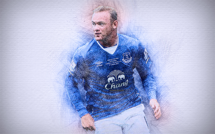 Wayne Rooney, 4k, opere d&#39;arte, stelle del calcio, Everton, Rooney, calcio, Premier League, i calciatori, il disegno di Rooney