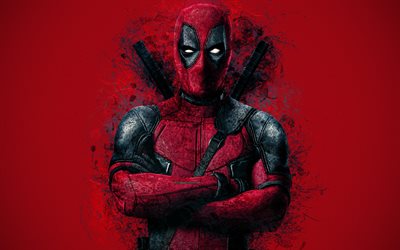 Deadpool, 4k, super-her&#243;i, arte criativa, grunge, retrato, vermelho salpicos, vermelho grunge de fundo, a arte de pintura, Deadpool 2, 2018, novos filmes