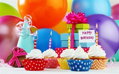 Birthday Cupcakes, Candles, inflatable balls, happy birthday, cakes