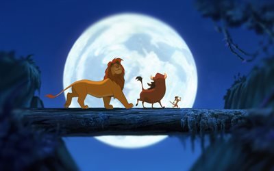 Simba, Timon, Pumbaa, night, moon, The Lion King