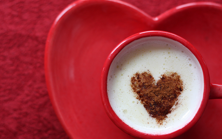 herzen auf kaffee -, latte-art-herz, rot, tasse kaffee, liebe